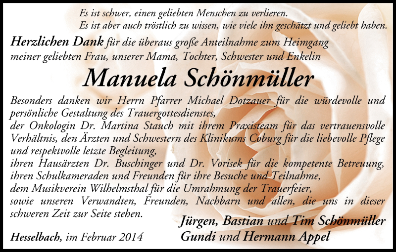  Traueranzeige für Manuela Schönmüller vom 08.02.2014 aus MGO