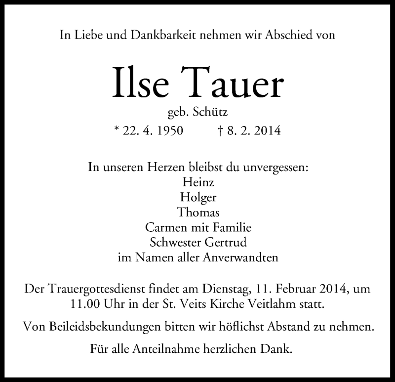  Traueranzeige für Ilse Tauer vom 10.02.2014 aus MGO