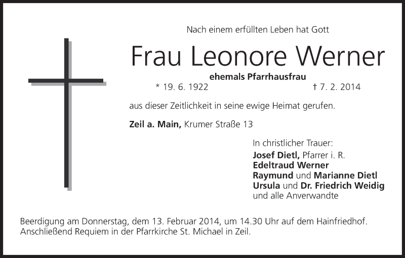  Traueranzeige für Leonore Werner vom 11.02.2014 aus MGO