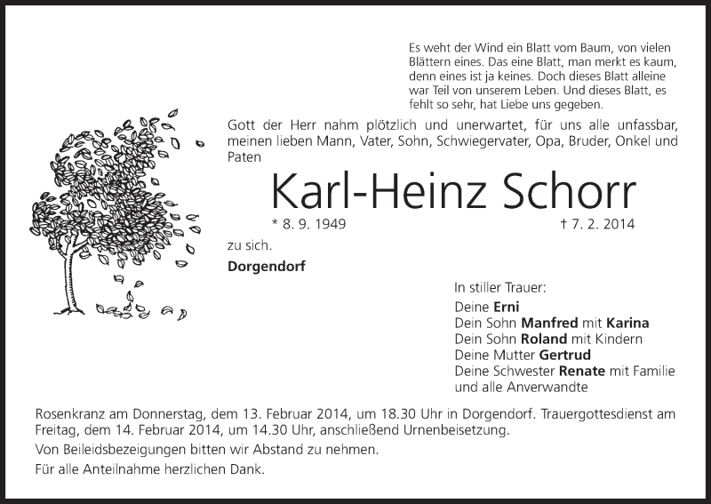  Traueranzeige für Karl-Heinz Schorr vom 11.02.2014 aus MGO