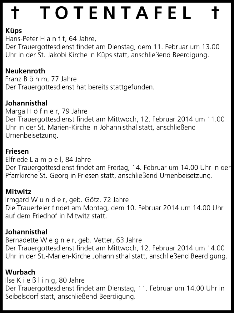  Traueranzeige für Totentafel  vom 11.02.2014 aus MGO
