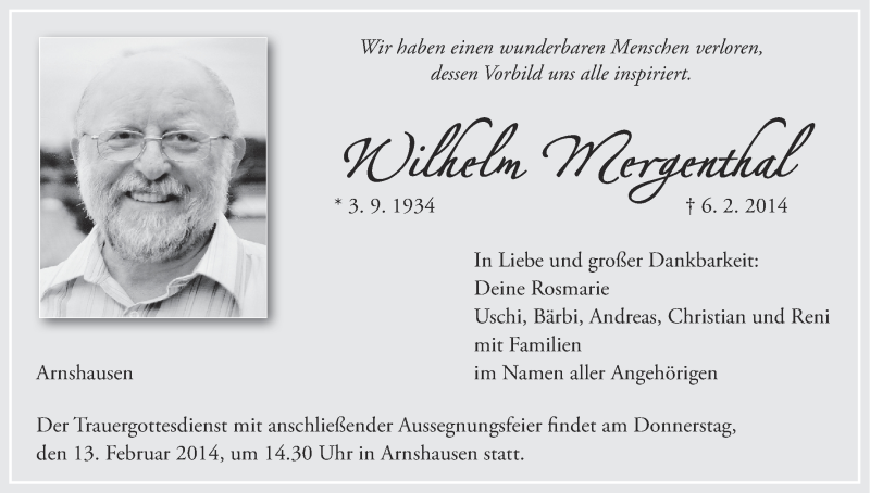  Traueranzeige für Wilhelm Mergenthal vom 11.02.2014 aus MGO