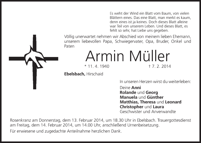  Traueranzeige für Armin Müller vom 12.02.2014 aus MGO