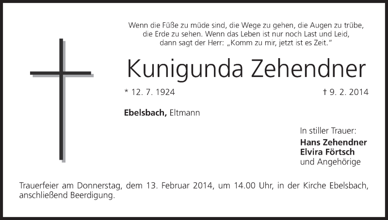  Traueranzeige für Kunigunda Zehendner vom 12.02.2014 aus MGO