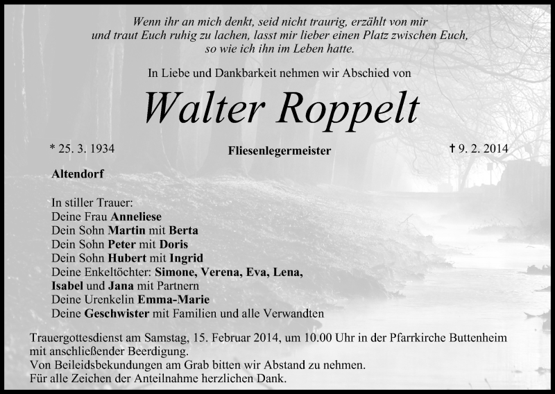  Traueranzeige für Walter Roppelt vom 12.02.2014 aus MGO