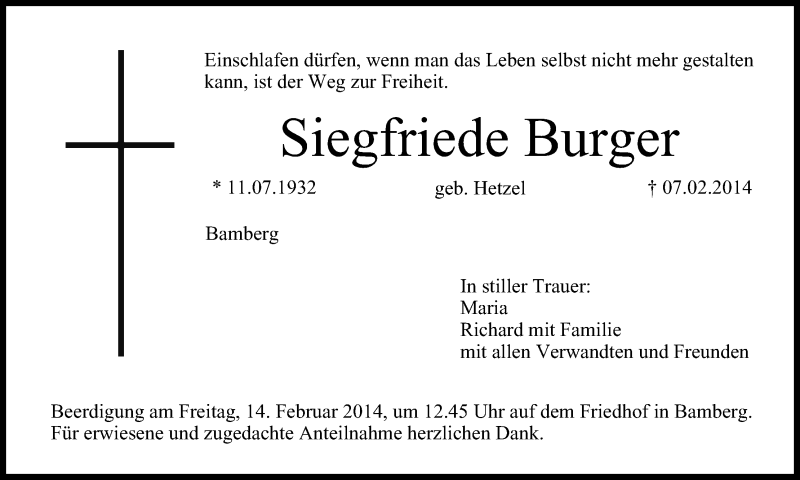  Traueranzeige für Siegfriede Burger vom 12.02.2014 aus MGO