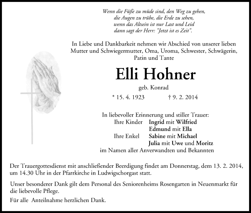  Traueranzeige für Elli Hohner vom 12.02.2014 aus MGO