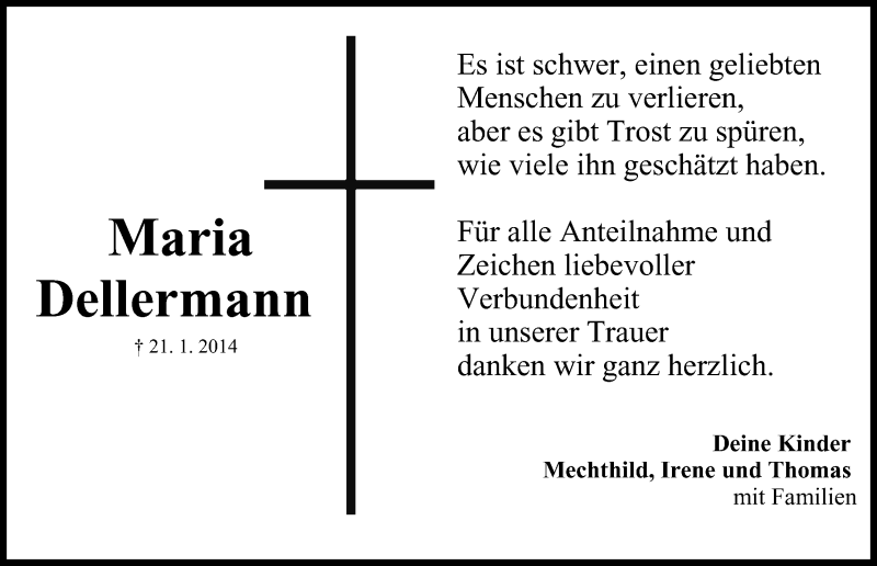  Traueranzeige für Maria Dellermann vom 12.02.2014 aus MGO