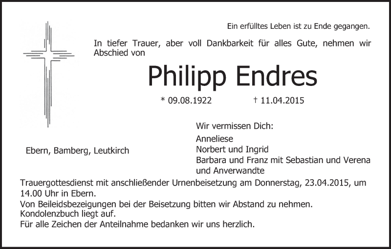  Traueranzeige für Philipp Endres vom 21.04.2015 aus MGO