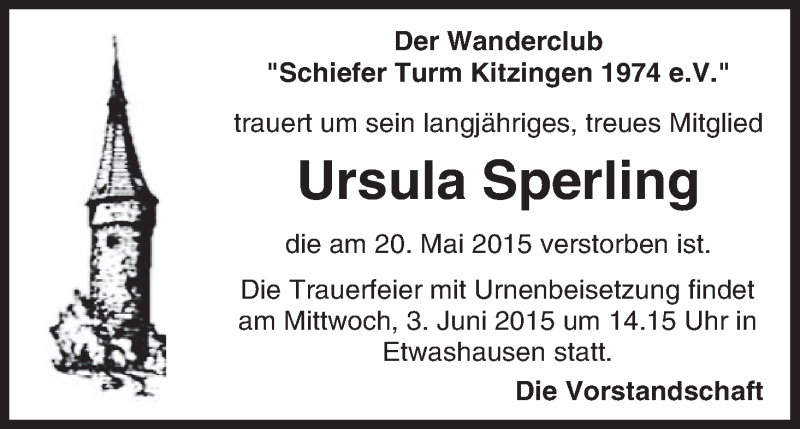  Traueranzeige für Ursula Sperling vom 02.06.2015 aus MGO