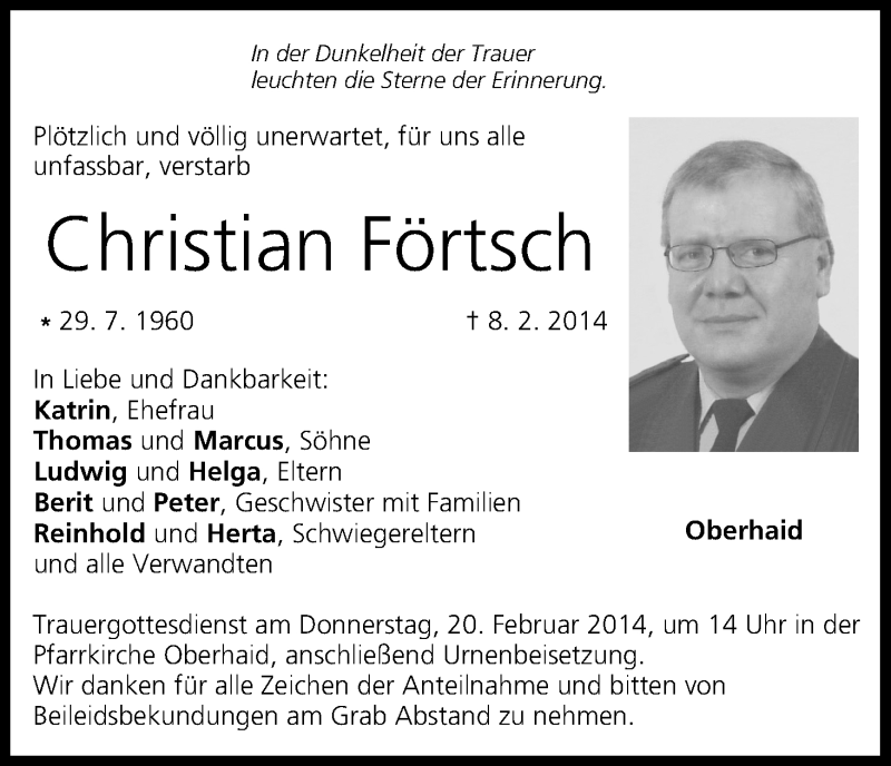  Traueranzeige für Christian Förtsch vom 15.02.2014 aus MGO
