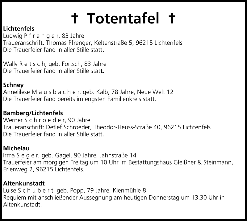  Traueranzeige für Totentafel vom 13.02.2014 vom 13.02.2014 aus MGO