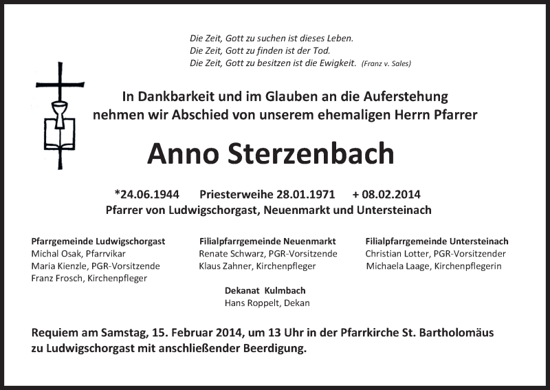  Traueranzeige für Anno Sterzenbach vom 14.02.2014 aus MGO