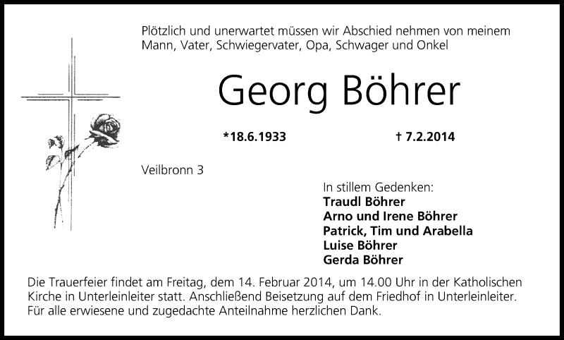  Traueranzeige für Georg Böhrer vom 13.02.2014 aus MGO