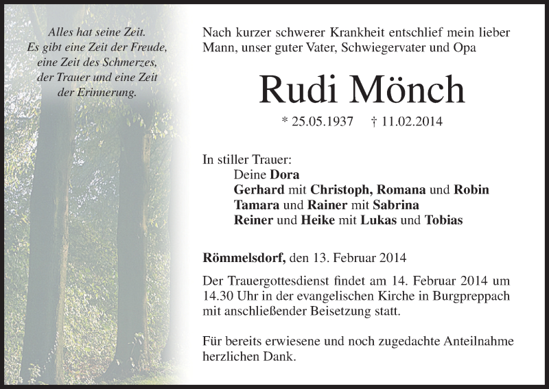  Traueranzeige für Rudi Mönch vom 13.02.2014 aus MGO