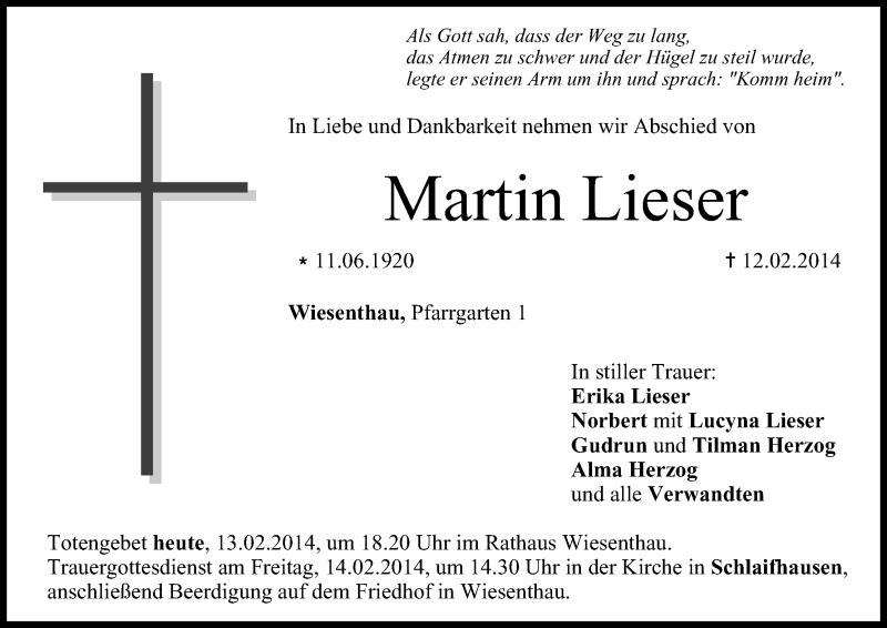  Traueranzeige für Martin Lieser vom 13.02.2014 aus MGO