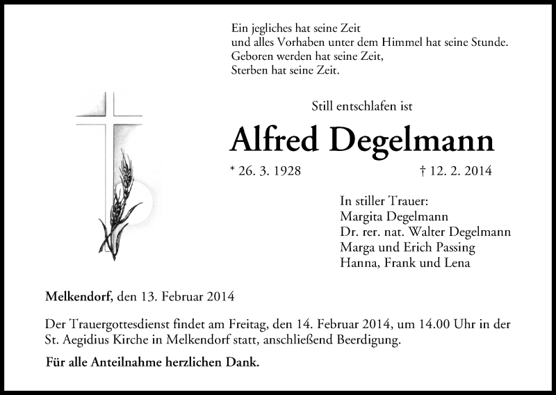  Traueranzeige für Alfred Degelmann vom 13.02.2014 aus MGO