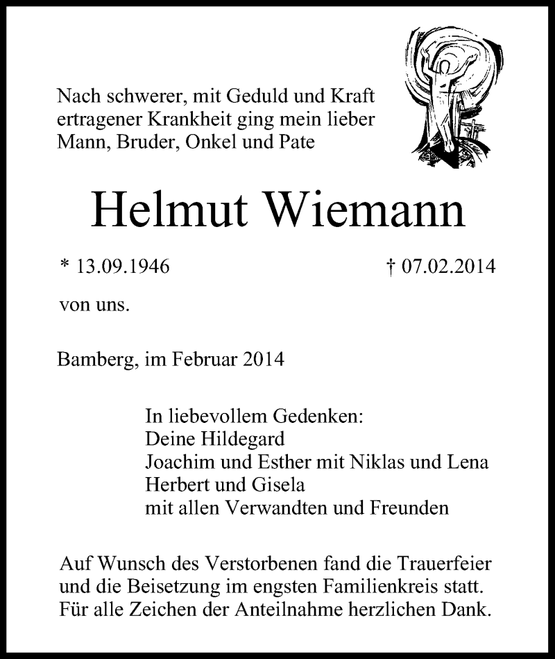  Traueranzeige für Helmut Wiemann vom 22.02.2014 aus MGO