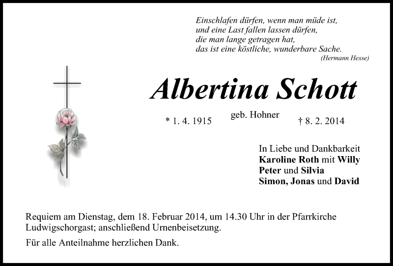  Traueranzeige für Albertina Schott vom 14.02.2014 aus MGO