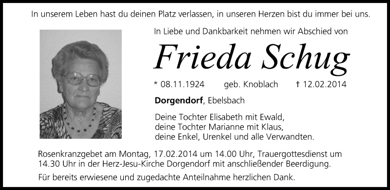  Traueranzeige für Frieda Schug vom 14.02.2014 aus MGO
