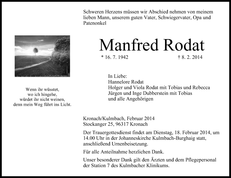  Traueranzeige für Manfred Rodat vom 15.02.2014 aus MGO