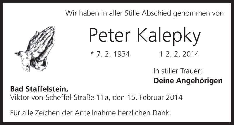  Traueranzeige für Peter Kalepky vom 15.02.2014 aus MGO
