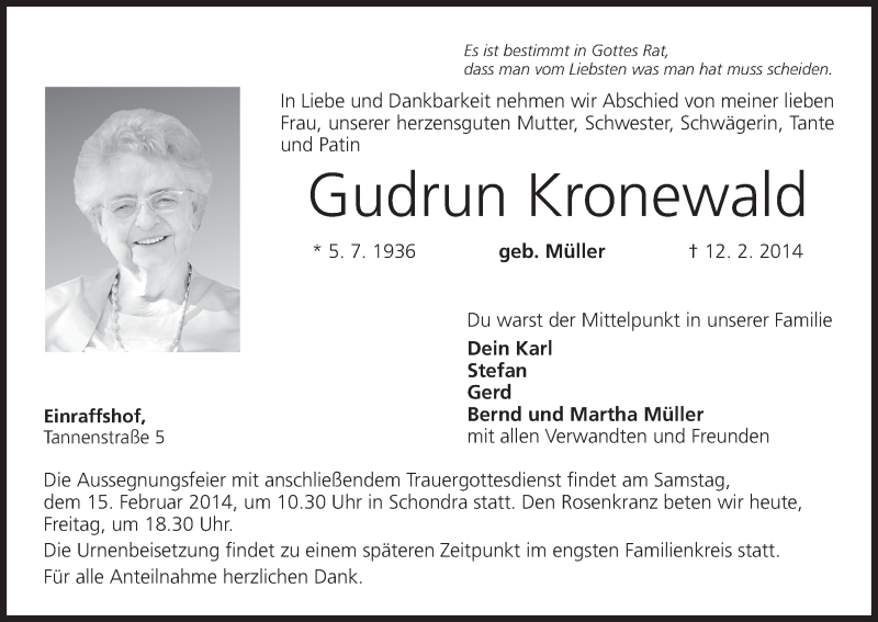  Traueranzeige für Gudrun Kronewald vom 14.02.2014 aus MGO