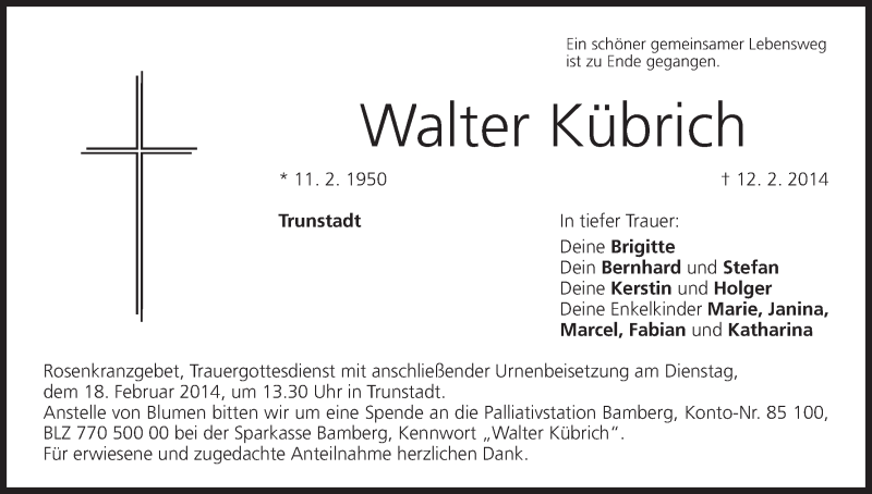  Traueranzeige für Walter Kübrich vom 15.02.2014 aus MGO
