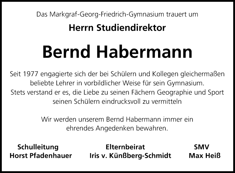  Traueranzeige für Bernd Habermann vom 15.02.2014 aus MGO