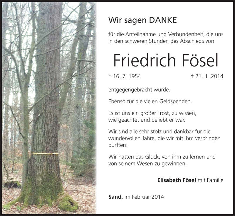  Traueranzeige für Friedrich Fösel vom 15.02.2014 aus MGO
