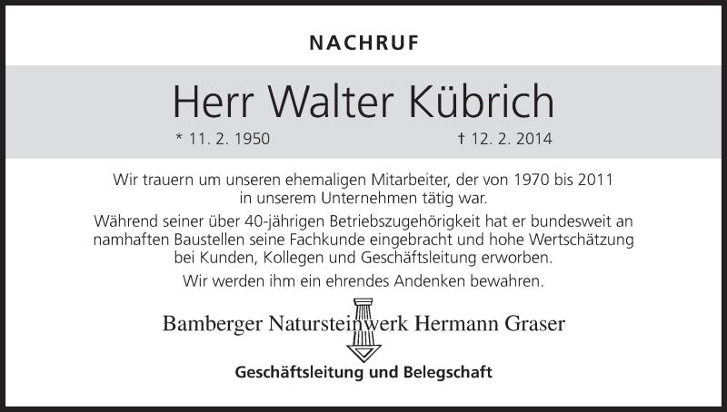  Traueranzeige für Walter Kübrich vom 15.02.2014 aus MGO