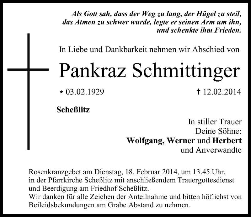  Traueranzeige für Pankraz Schmittinger vom 15.02.2014 aus MGO