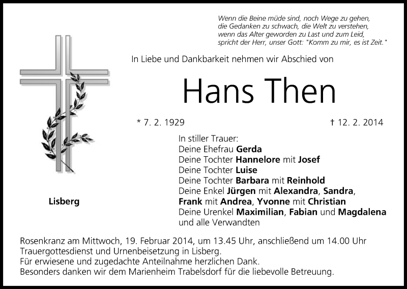  Traueranzeige für Hans Then vom 15.02.2014 aus MGO