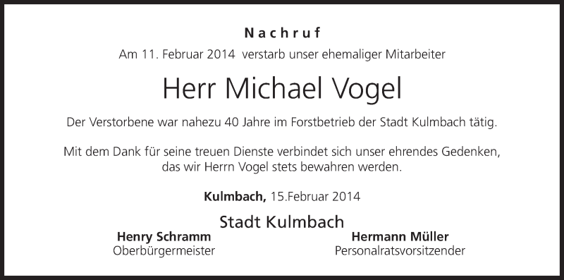  Traueranzeige für Michael Vogel vom 15.02.2014 aus MGO