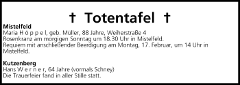 Anzeige von Totentafel vom 15.02.2014 von MGO
