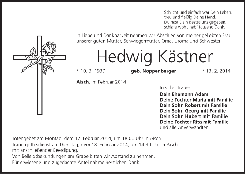  Traueranzeige für Hedwig Kästner vom 15.02.2014 aus MGO