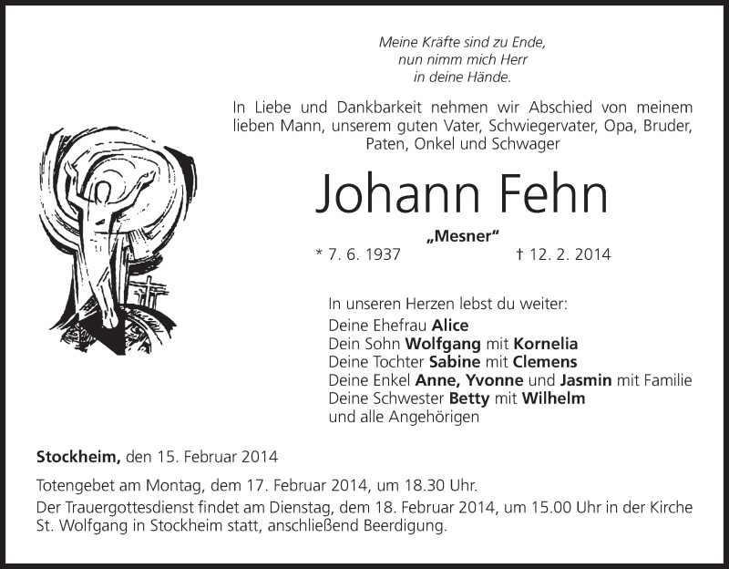 Traueranzeige für Johann Fehn vom 15.02.2014 aus MGO
