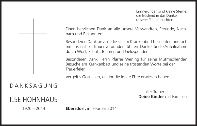  Traueranzeige für Ilse Hohnhaus vom 17.02.2014 aus MGO