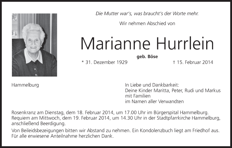  Traueranzeige für Marianne Hurrlein vom 17.02.2014 aus MGO