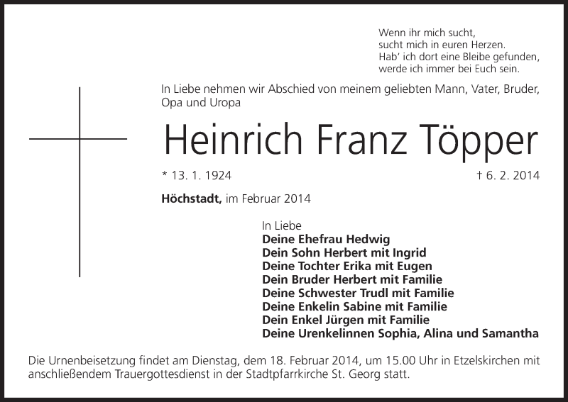  Traueranzeige für Heinrich Franz Töpper vom 17.02.2014 aus MGO