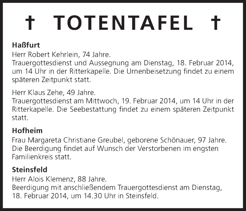  Traueranzeige für Totentafel vom 18.02.2014 vom 18.02.2014 aus MGO