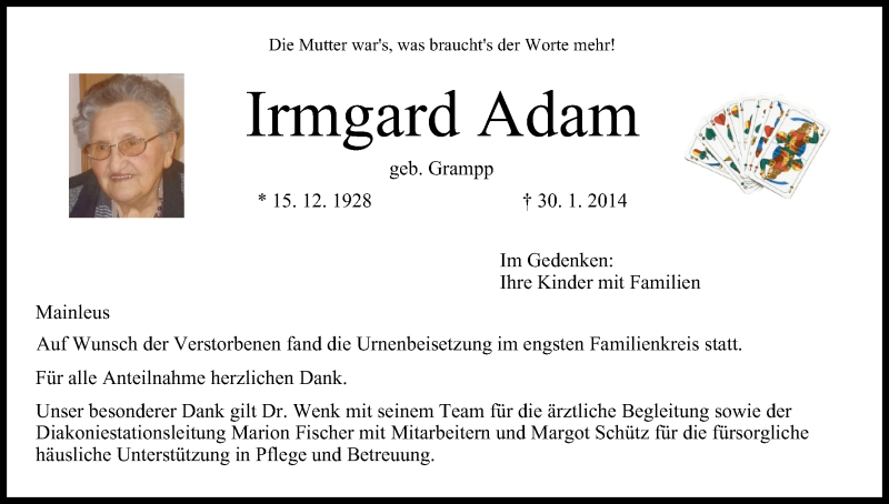  Traueranzeige für Irmgard Adam vom 17.02.2014 aus MGO