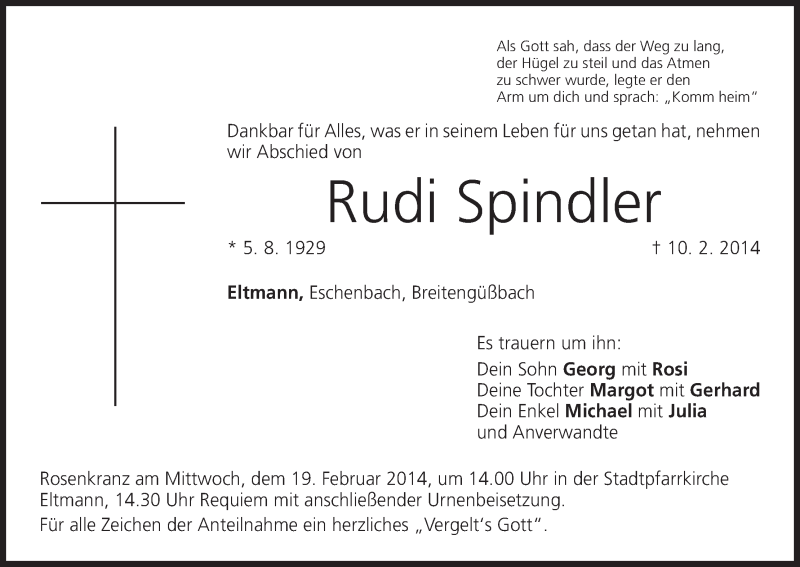  Traueranzeige für Rudi Spindler vom 15.02.2014 aus MGO