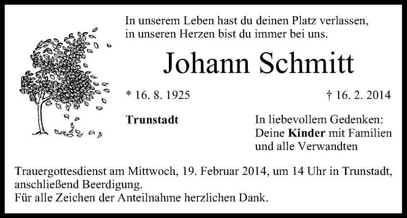  Traueranzeige für Johann Schmitt vom 17.02.2014 aus MGO