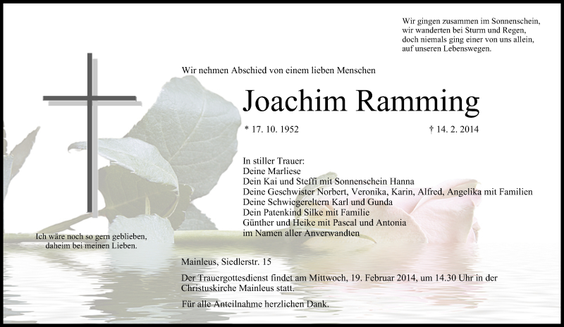  Traueranzeige für Joachim Ramming vom 17.02.2014 aus MGO