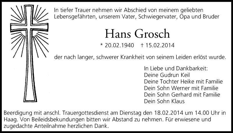  Traueranzeige für Hans Grosch vom 17.02.2014 aus MGO