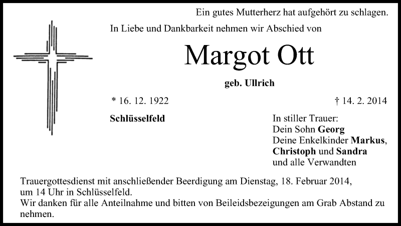  Traueranzeige für Margot Ott vom 17.02.2014 aus MGO