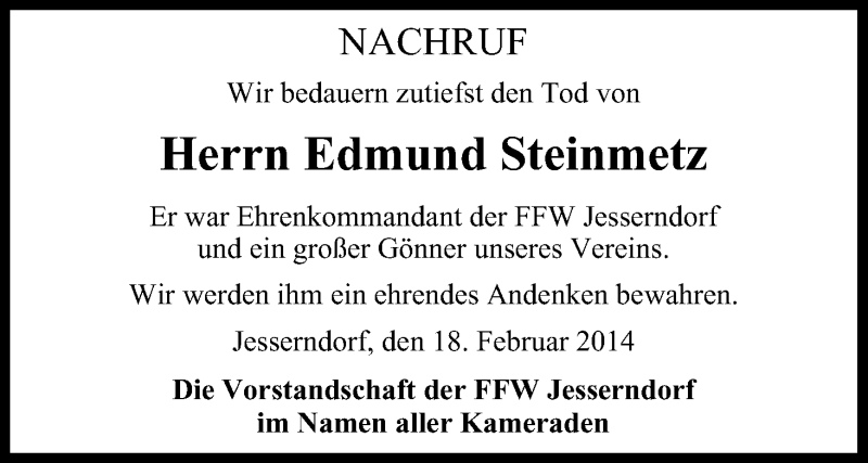  Traueranzeige für Edmund Steinmetz vom 18.02.2014 aus MGO