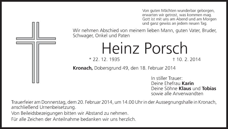  Traueranzeige für Heinz Porsch vom 18.02.2014 aus MGO
