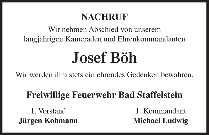  Traueranzeige für Josef Böh vom 18.02.2014 aus MGO